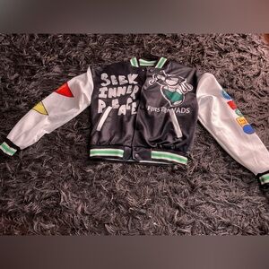 Black and White Varsity Jacket with Graphic Patches